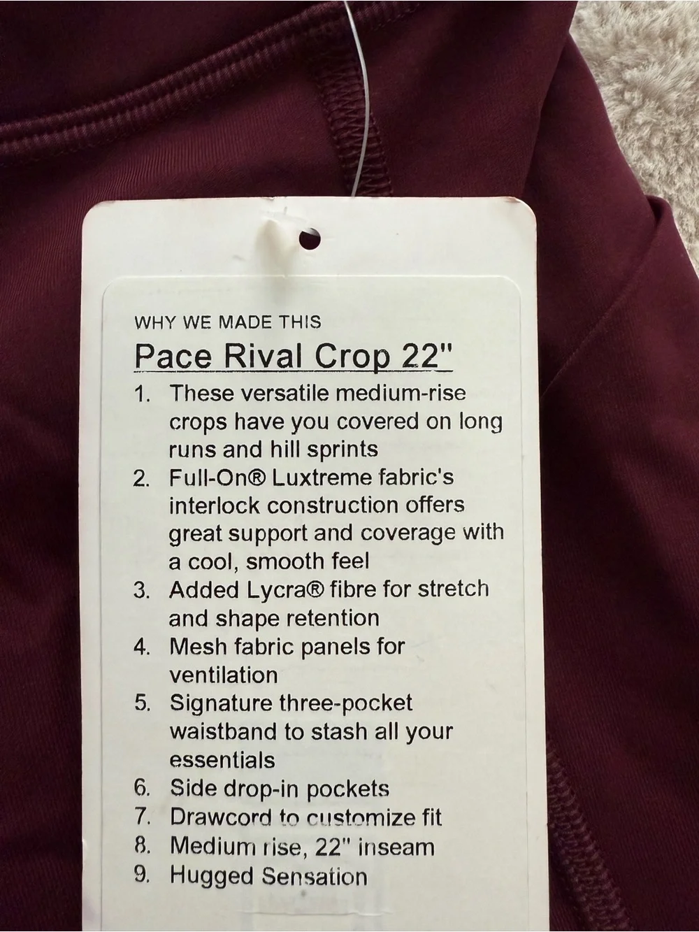 NWT Lululemon Pace Rival Crop 22” Garnet Size 6 - Picture 5 of 12